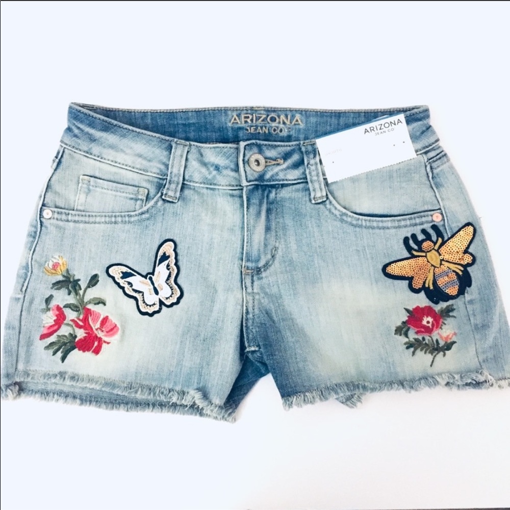 Embroidered and Sequined Frayed Edge Denim Shorts